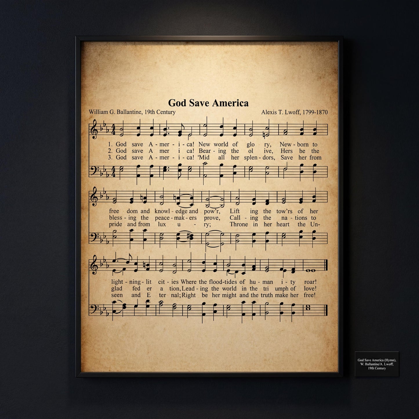 The image is a framed print of a sheet music piece titled "God Save America" by Alexis T. Lwoff, dated 1798-1870. The sheet music features the lyrics of the song "God Save America" with accompanying musical notation.