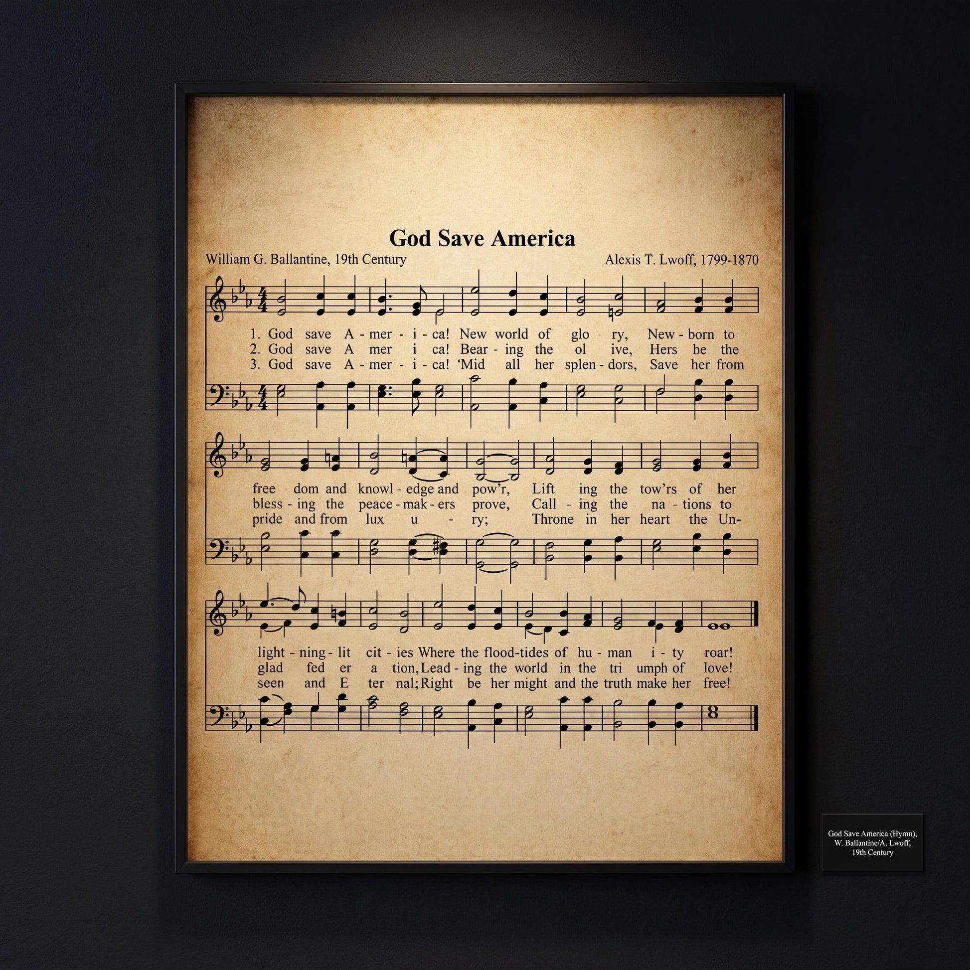 The image is a framed print of a sheet music piece titled "God Save America" by Alexis T. Lwoff, dated 1798-1870. The sheet music features the lyrics of the song "God Save America" with accompanying musical notation.