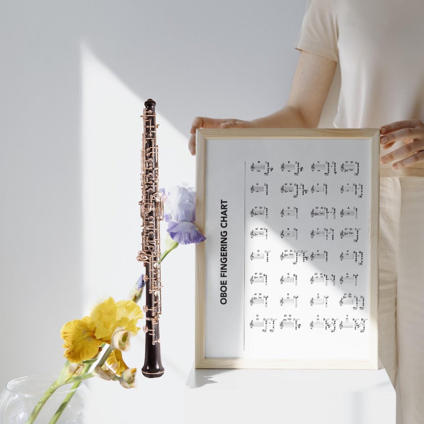 Oboe Fingering Chart beginner to advanced oboists resource, printable PDF and PNG guide with professional design, accurate note fingerings, and versatile sizing options for handouts, classroom walls, or large rehearsal posters.