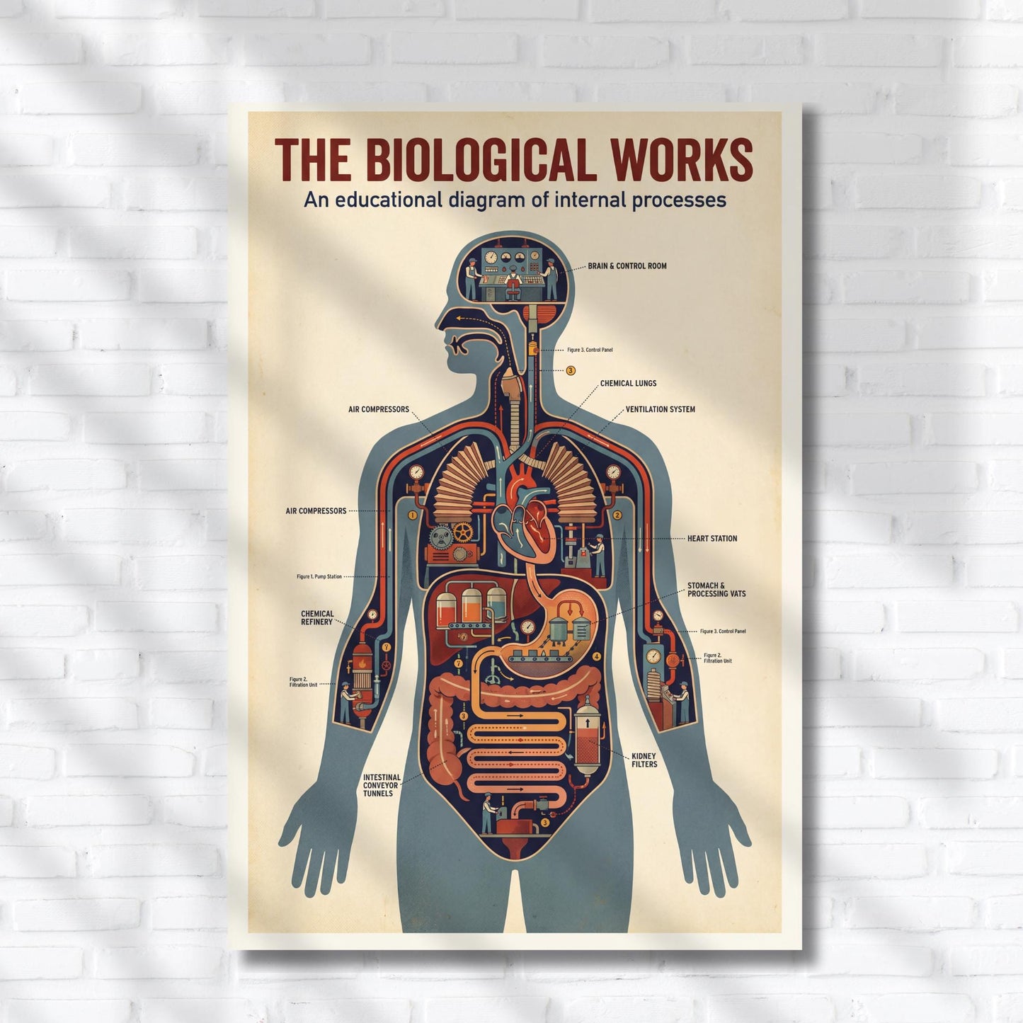 Vintage anatomy diagram poster printable showing the human body illustrated as a complex mechanical factory system, with organs represented as interconnected machines, pipes, and control units, designed as retro educational science wall art for biology classrooms, STEM learning spaces, and medical study rooms.