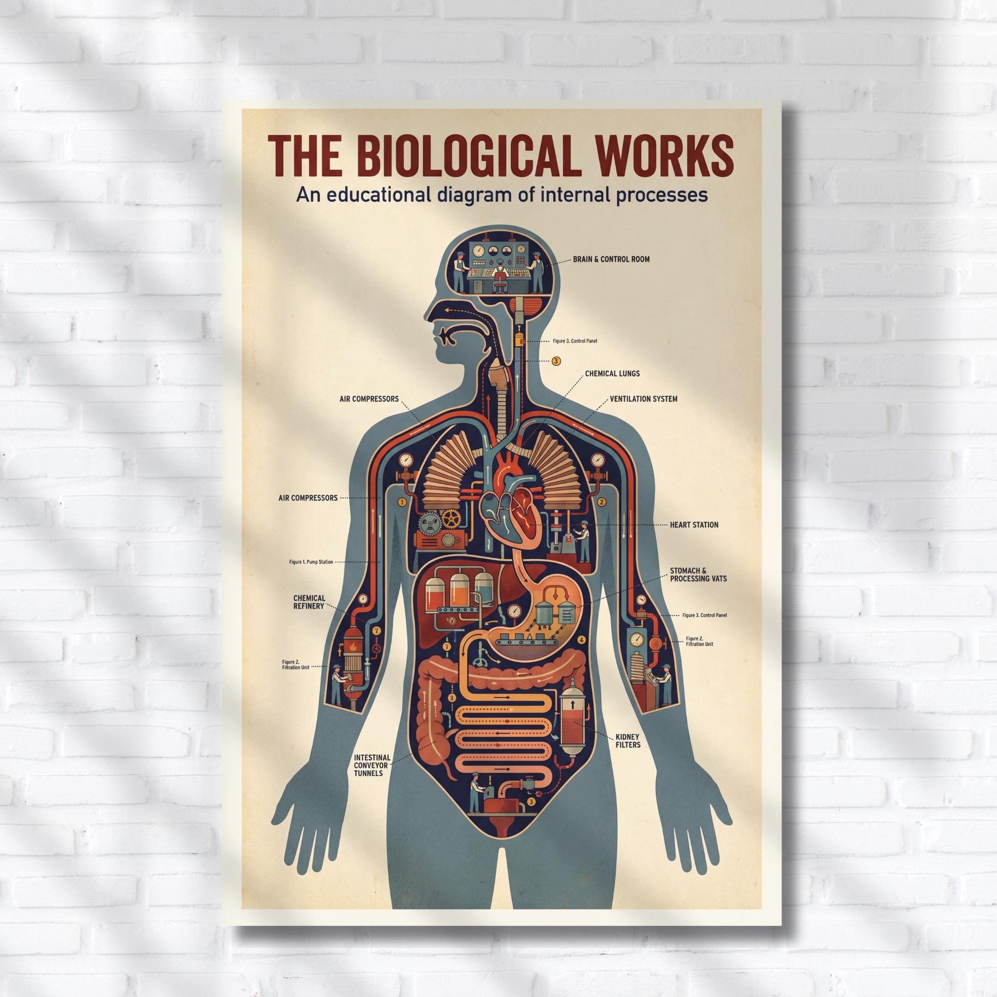 Vintage anatomy diagram poster printable showing the human body illustrated as a complex mechanical factory system, with organs represented as interconnected machines, pipes, and control units, designed as retro educational science wall art for biology classrooms, STEM learning spaces, and medical study rooms.