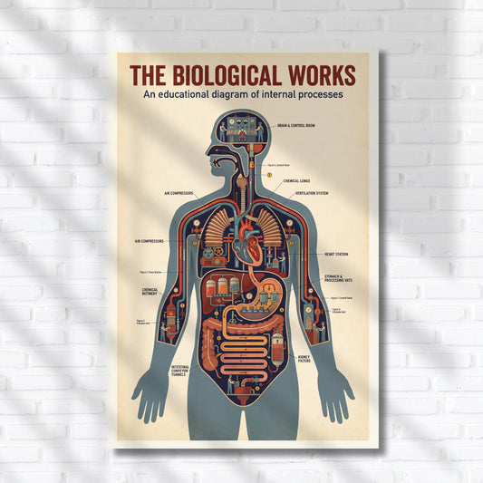 Vintage anatomy diagram poster printable showing the human body illustrated as a complex mechanical factory system, with organs represented as interconnected machines, pipes, and control units, designed as retro educational science wall art for biology classrooms, STEM learning spaces, and medical study rooms.