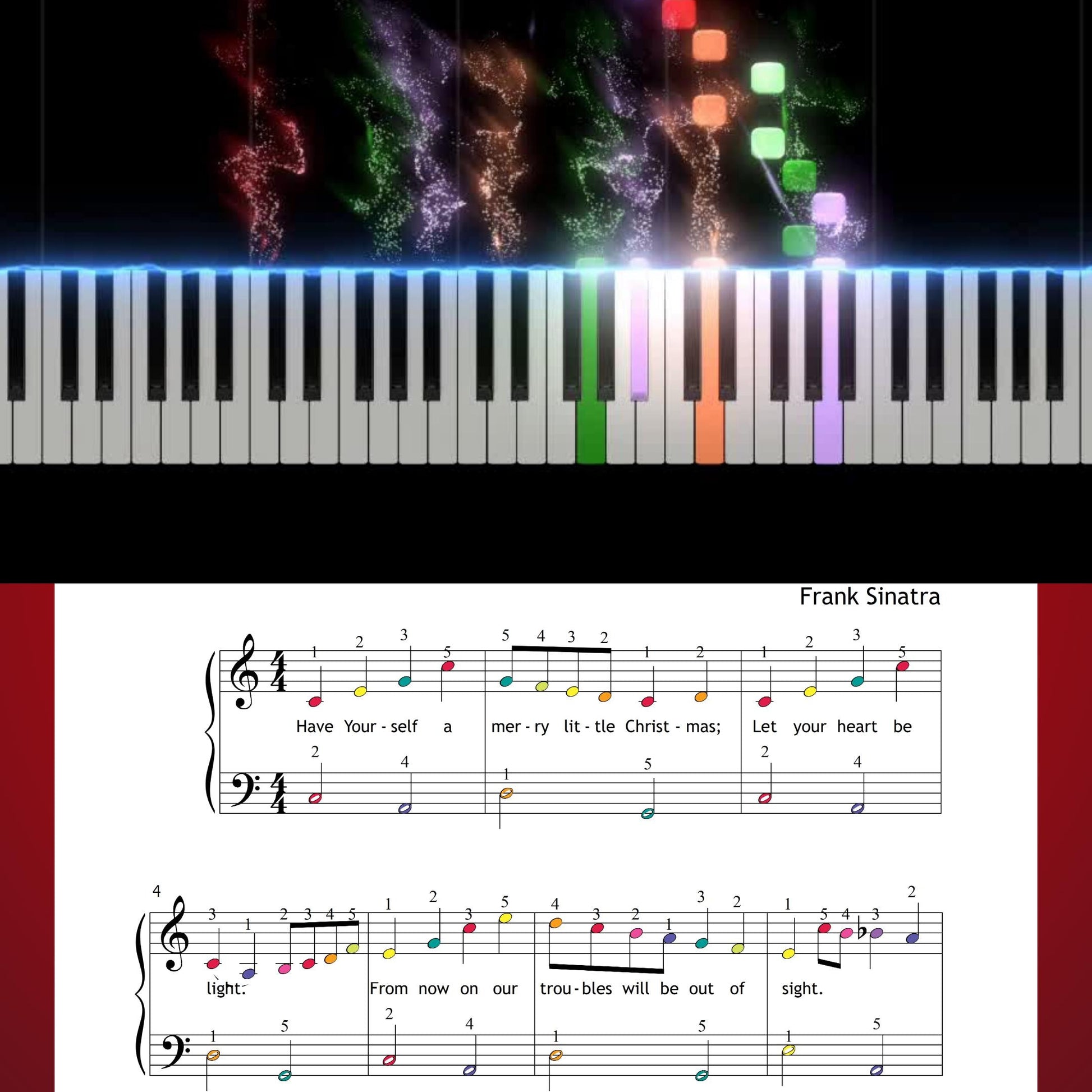 Have Yourself a Merry Little Christmas by Hugh Martin and Ralph Blane downloadable and simplified piano sheet music PDF displayed as a teacher-friendly Grade 1 resource including finger numbers, color-coded notes, note-name pages, and lyrics, crafted with manuscript precision for school concerts.