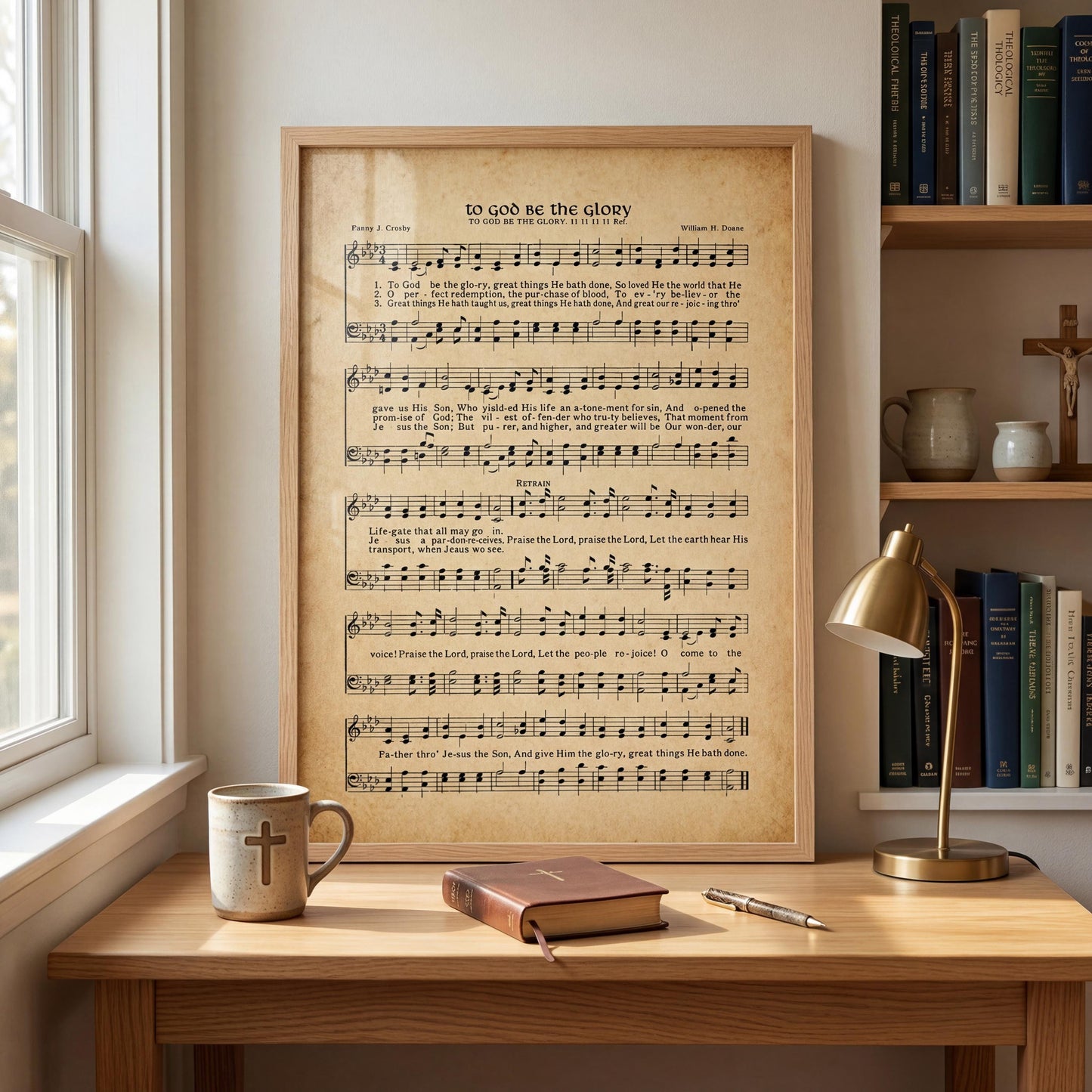 A framed sheet music poster of "To God Be the Glory" is displayed on a wooden desk, accompanied by a coffee mug, a book, and a lamp.