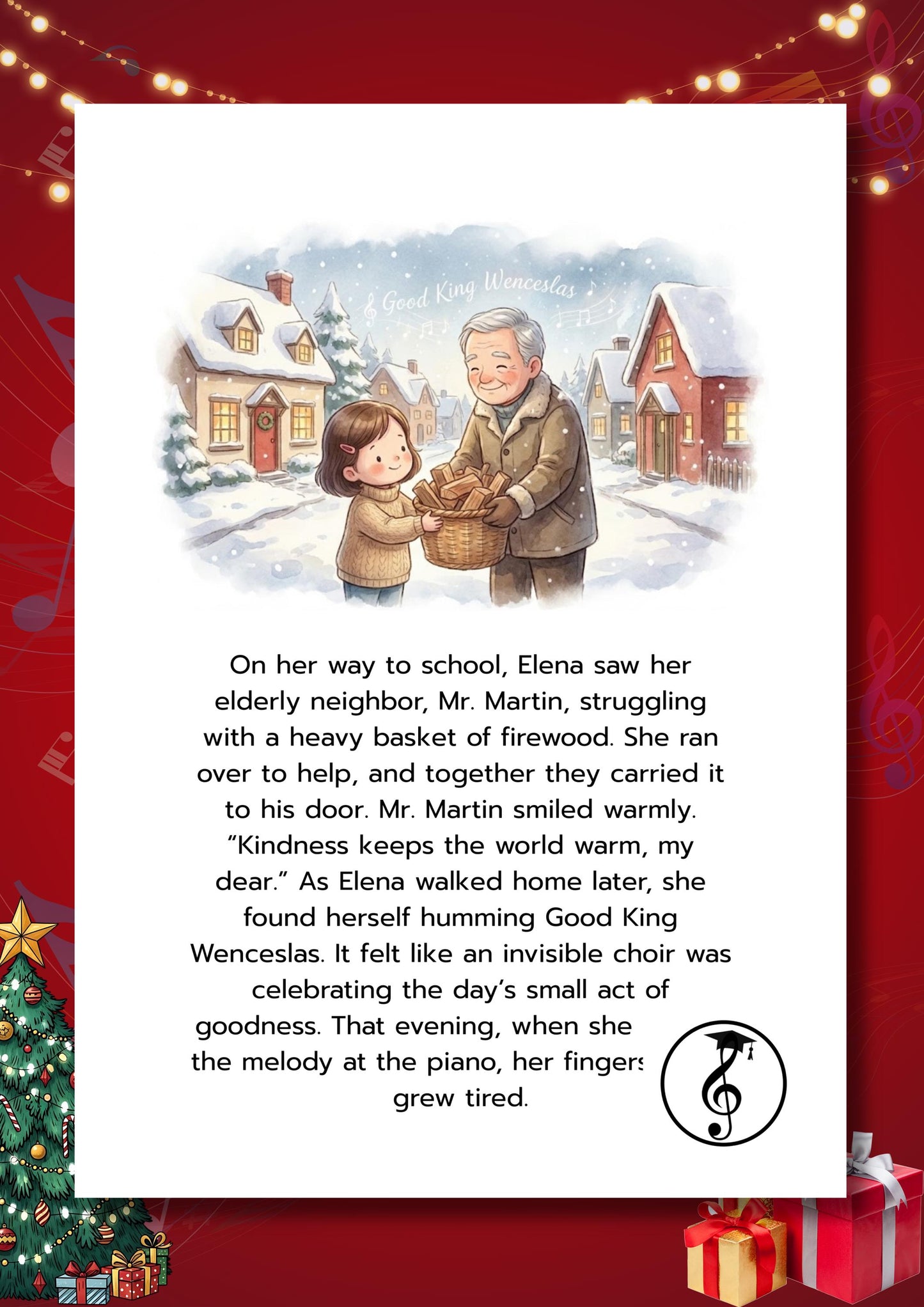 Advent Piano Calendar Christmas piano countdown book with daily illustrated stories, color-note beginner pieces, QR video access, and warm festive design perfect for early-level music students.Angels We Have Heard on High, O Christmas Tree, Good King Wenceslas, Ding Dong Merrily on High, Deck the Halls, Jingle Bells, Joy to the World, Hark the Herald Angels Sing, Have Yourself a Merry Little Christmas, Santa Claus Is Coming to Town, Silver Bells, White Christmas, Christmas Time Is Here