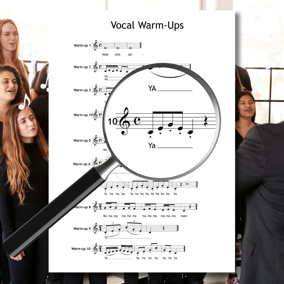 Vocal Warm-Ups PDF and MP3 audio bundle, 10 easy-to-follow exercises created for choir directors, vocal teachers, and singers, designed to improve pitch accuracy, tone placement, and breath support, instantly downloadable for immediate use.