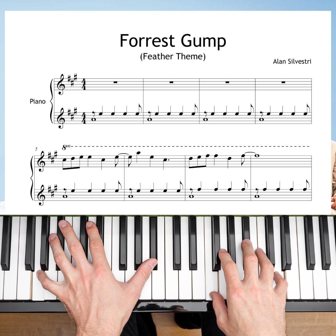 Forrest Gump Theme by Alan Silvestri downloadable and simplified piano sheet music PDF presented as a Grade 4 arrangement featuring finger-number guidance, color-coded notation, and note-name support, all aligned with manuscript accuracy for confident intermediate performance.