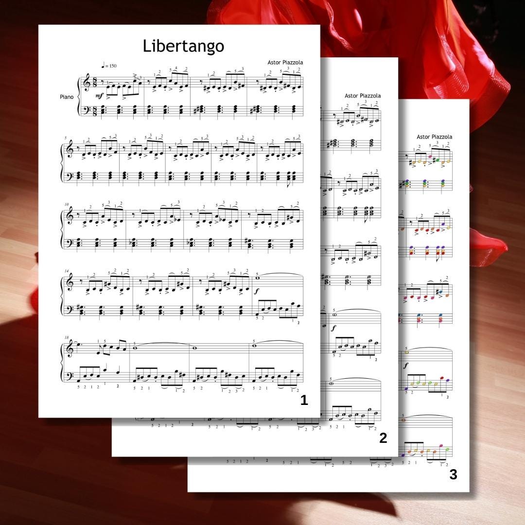 Libertango by Astor Piazzolla downloadable and simplified piano sheet music PDF shown in a Grade 5 educational edition featuring finger numbers, color-coded notes, note names, and manuscript-based engraving, ideal for intermediate pianists exploring tango style and performance skills.