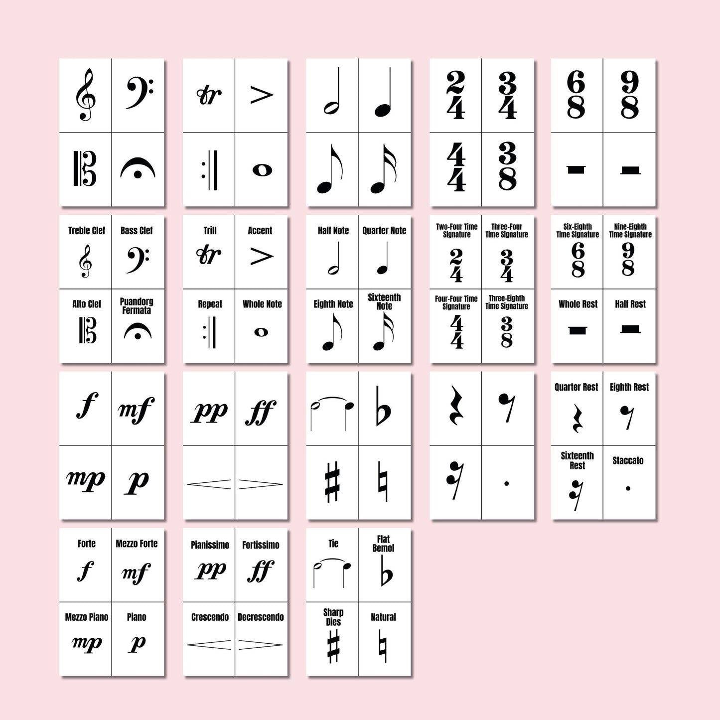 Printable Musical Terms Cards, professional A4 PDF plus separate PNG images for flexible use on worksheets or slides, covers tempo markings (allegro, andante), dynamic symbols, articulation, and notation basics, perfect teacher resource for group lessons, sight-reading warmups, and quick oral quizzes.

Double-sided music flashcards for classroom practice, clean typography and clear icons, printable PDF with matching backs and easy-cut guides, includes notes and rests from whole to sixteenth, ti