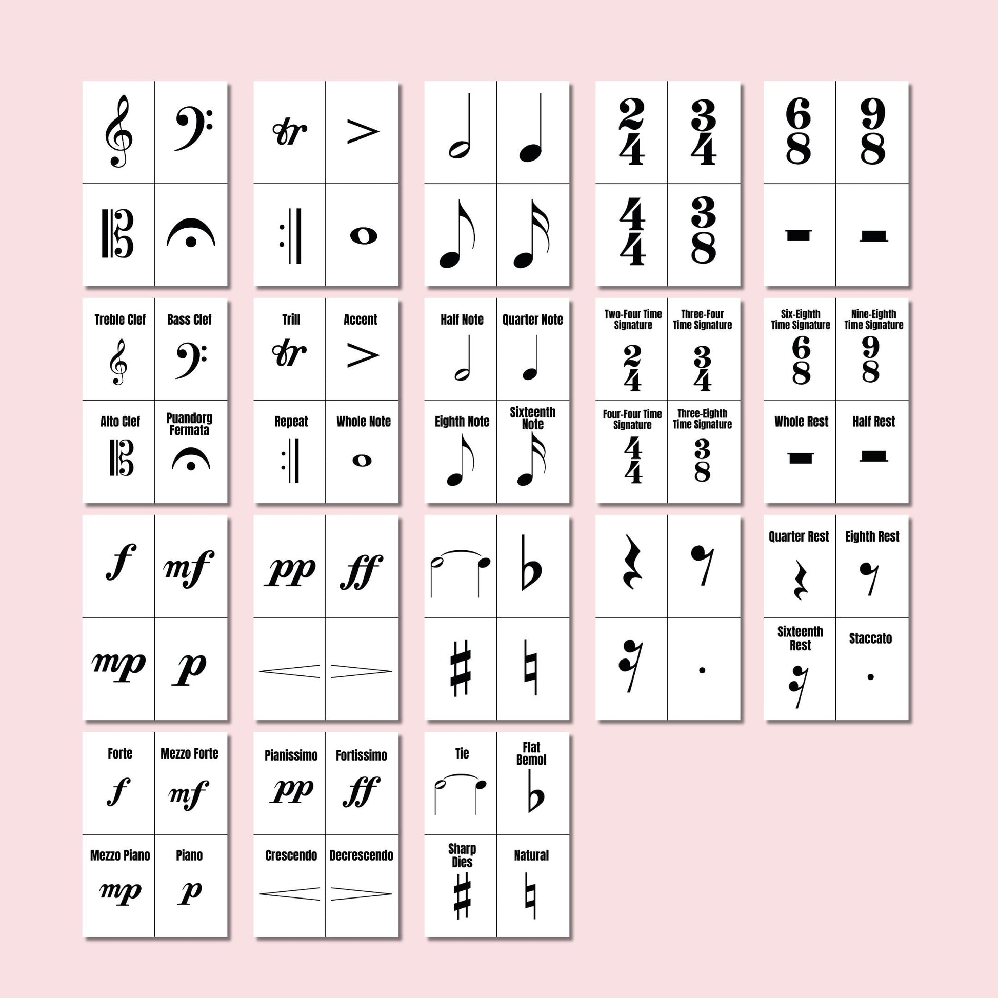 Printable Musical Terms Cards, professional A4 PDF plus separate PNG images for flexible use on worksheets or slides, covers tempo markings (allegro, andante), dynamic symbols, articulation, and notation basics, perfect teacher resource for group lessons, sight-reading warmups, and quick oral quizzes.

Double-sided music flashcards for classroom practice, clean typography and clear icons, printable PDF with matching backs and easy-cut guides, includes notes and rests from whole to sixteenth, ti
