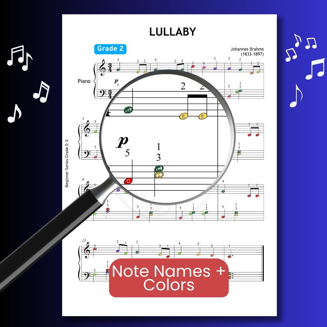 Brahms Lullaby Piano Sheet - Grade 2 Digital PDF with Finger Numbers, Color Notes, Note Names, MP3 and Video