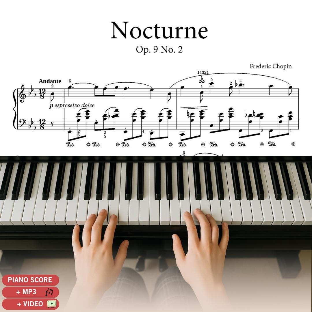 Nocturne Op. 9 No. 2 in E-flat Major by Frédéric Chopin downloadable piano sheet music PDF shown as an original urtext-style engraving based on the composer’s handwritten manuscript, displaying clear notation for expressive Romantic-era performance.