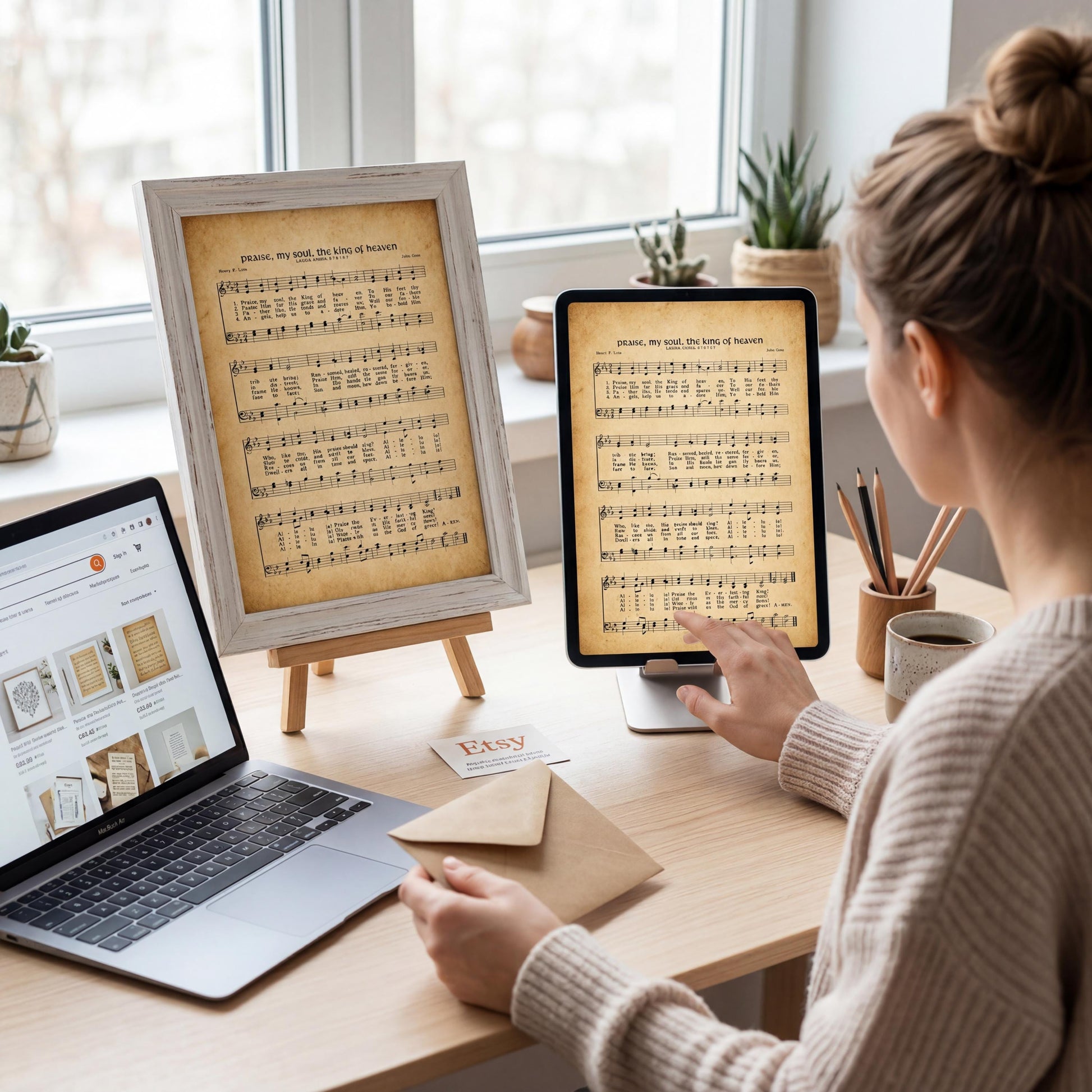 A person is sitting at a desk, working on a laptop and a tablet, with a framed sheet of music displayed on the desk.