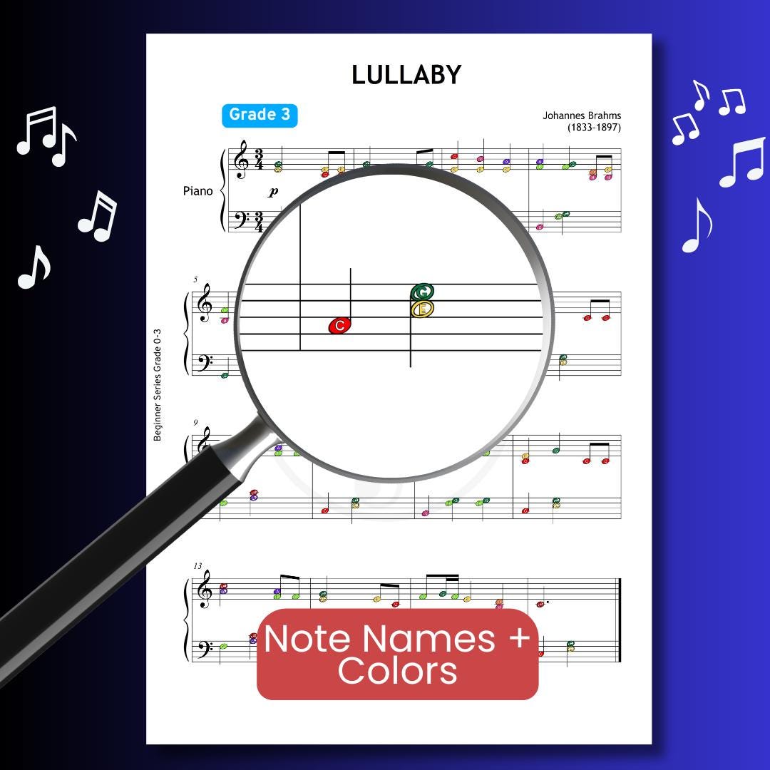 Brahms Lullaby Grade 3 Piano Sheet - Digital PDF with Finger Numbers, Note Names, MP3 & Color-Coded Learning Tools
