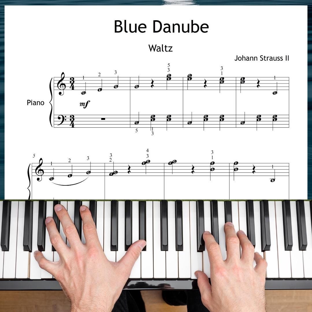 Blue Danube by Johann Strauss - Grade 3 Printable PDF, Colored Notes, Finger Numbers and Video Lesson