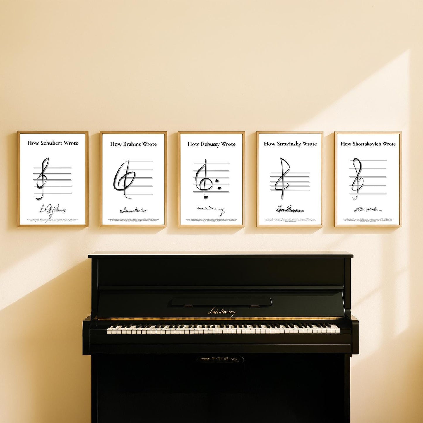 Vintage Music Manuscript Poster Set with treble clef handwriting and composer signatures for classroom decor. Includes Vivaldi, Bach, Haydn, Mozart, Beethoven, Schubert, Brahms, Debussy, Stravinsky, and Shostakovich. Printable wall art for music teachers and students.