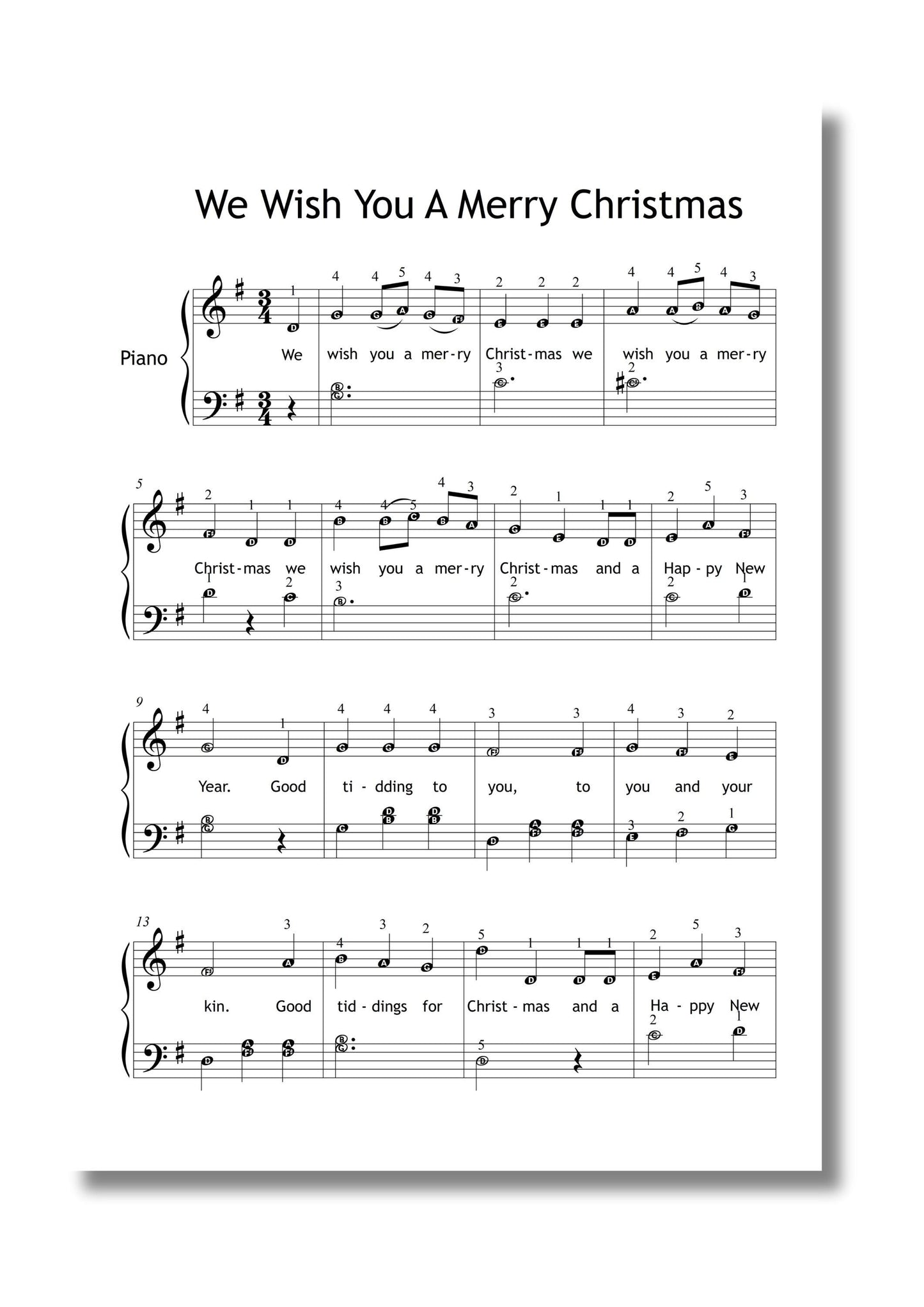We Wish You a Merry Christmas beginner piano sheet printed in color, Grade 1 version for Christmas classes and early-level piano recitals.