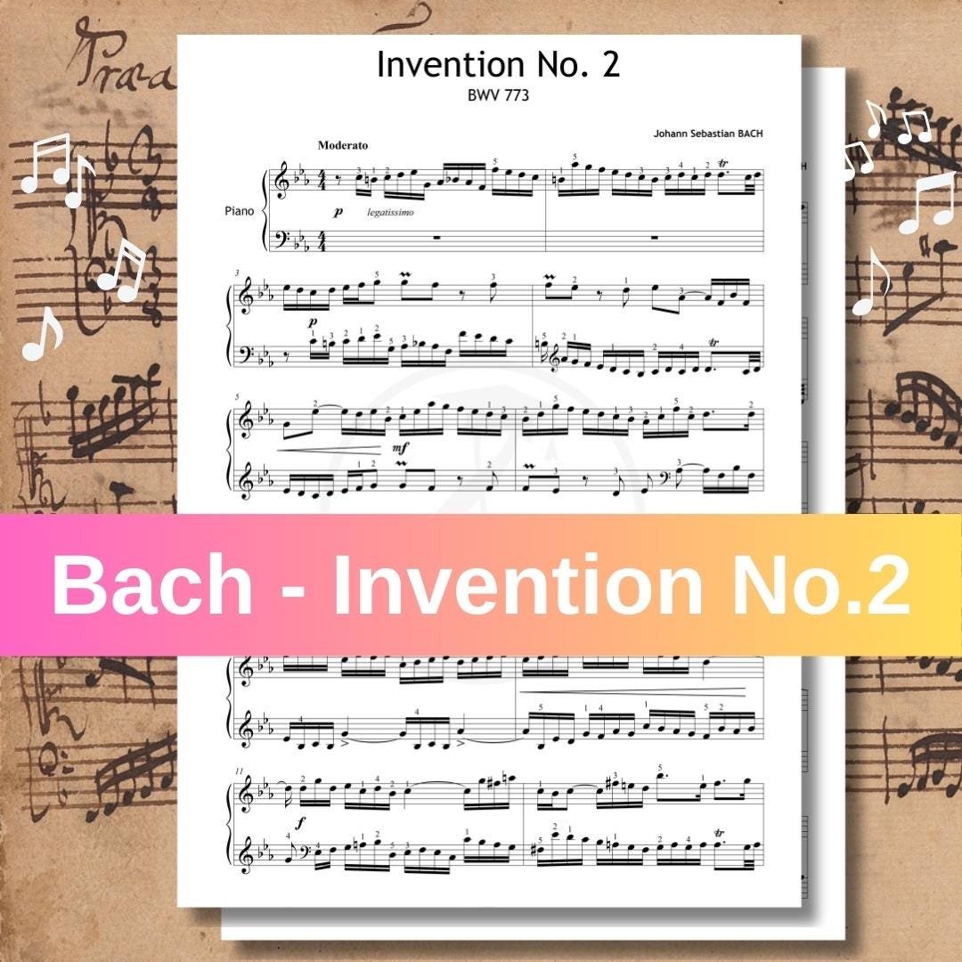 Johann Sebastian Bach – Invention No.2 in C Minor (BWV 773) printable piano sheet music with fingerings, color-coded notation, and note names. This edition is based on Bach’s original manuscript and includes a bonus facsimile page. Ideal for Grade 6 pianists studying Baroque repertoire, this digital PDF supports technique, clarity, and interpretation in exam or lesson settings.