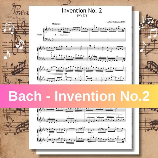 Johann Sebastian Bach – Invention No.2 in C Minor (BWV 773) printable piano sheet music with fingerings, color-coded notation, and note names. This edition is based on Bach’s original manuscript and includes a bonus facsimile page. Ideal for Grade 6 pianists studying Baroque repertoire, this digital PDF supports technique, clarity, and interpretation in exam or lesson settings.