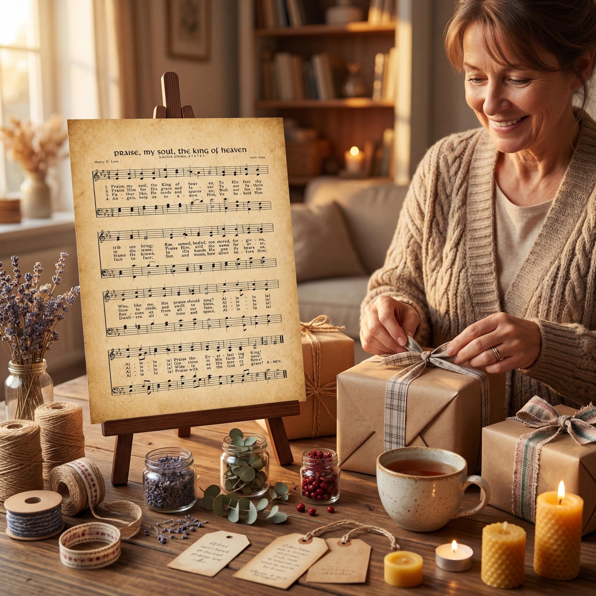 A woman is sitting at a table, smiling and wrapping a gift with a brown paper. The table is decorated with various items, including a sheet of music, candles, and wrapped presents.