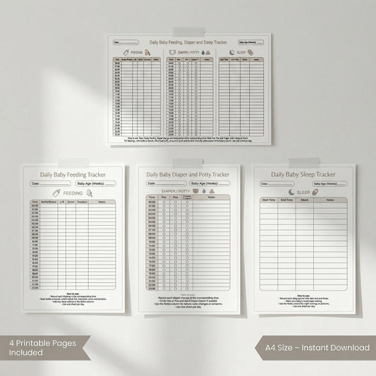 Baby Daily Tracker printable baby care charts PDF showing a clean and organized feeding, diaper, and sleep log layout designed for newborn routine tracking, ideal for parents monitoring daily baby care with an instant digital download.