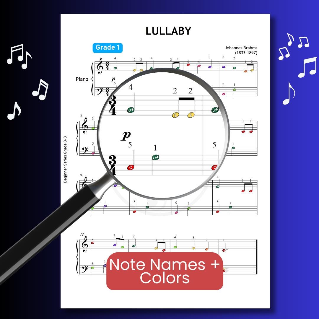 Brahms Lullaby by Johannes Brahms Grade 1 piano sheet music PDF arranged for beginner pianists, offering note-name annotated and color-coded versions, helping students develop secure reading and confident hand positioning.