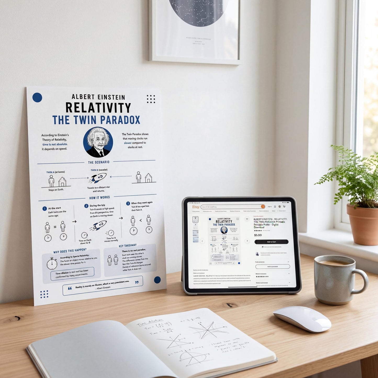 a desk with a poster of Albert Einstein's "Relativity" and a tablet displaying a website related to the topic. There is also a laptop, a mouse, and a coffee cup on the desk.