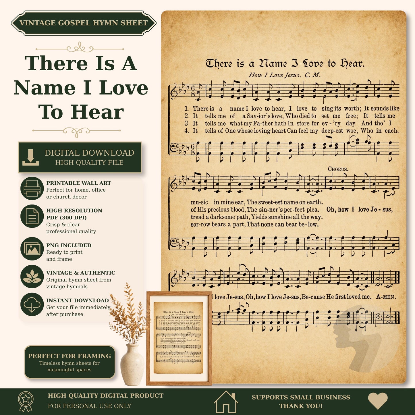 The image is a vintage-style sheet music and lyrics booklet for a hymn, featuring a name and love to hear theme song lyrics.
