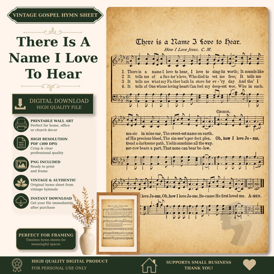 The image is a vintage-style sheet music and lyrics booklet for a hymn, featuring a name and love to hear theme song lyrics.