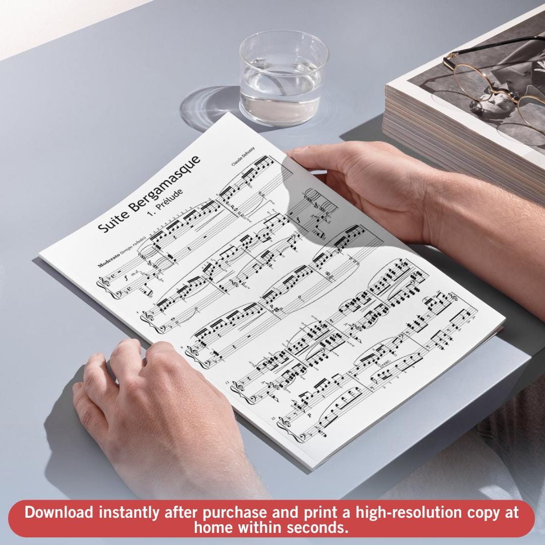Debussy Suite Bergamasque complete piano score PDF by Claude Debussy presented as a Grade 6 advanced-level engraving showing accurate dynamics, pedaling, and phrasing indications taken from manuscript sources, offered in print-ready resolution with MP3 audio and video tutorial access.