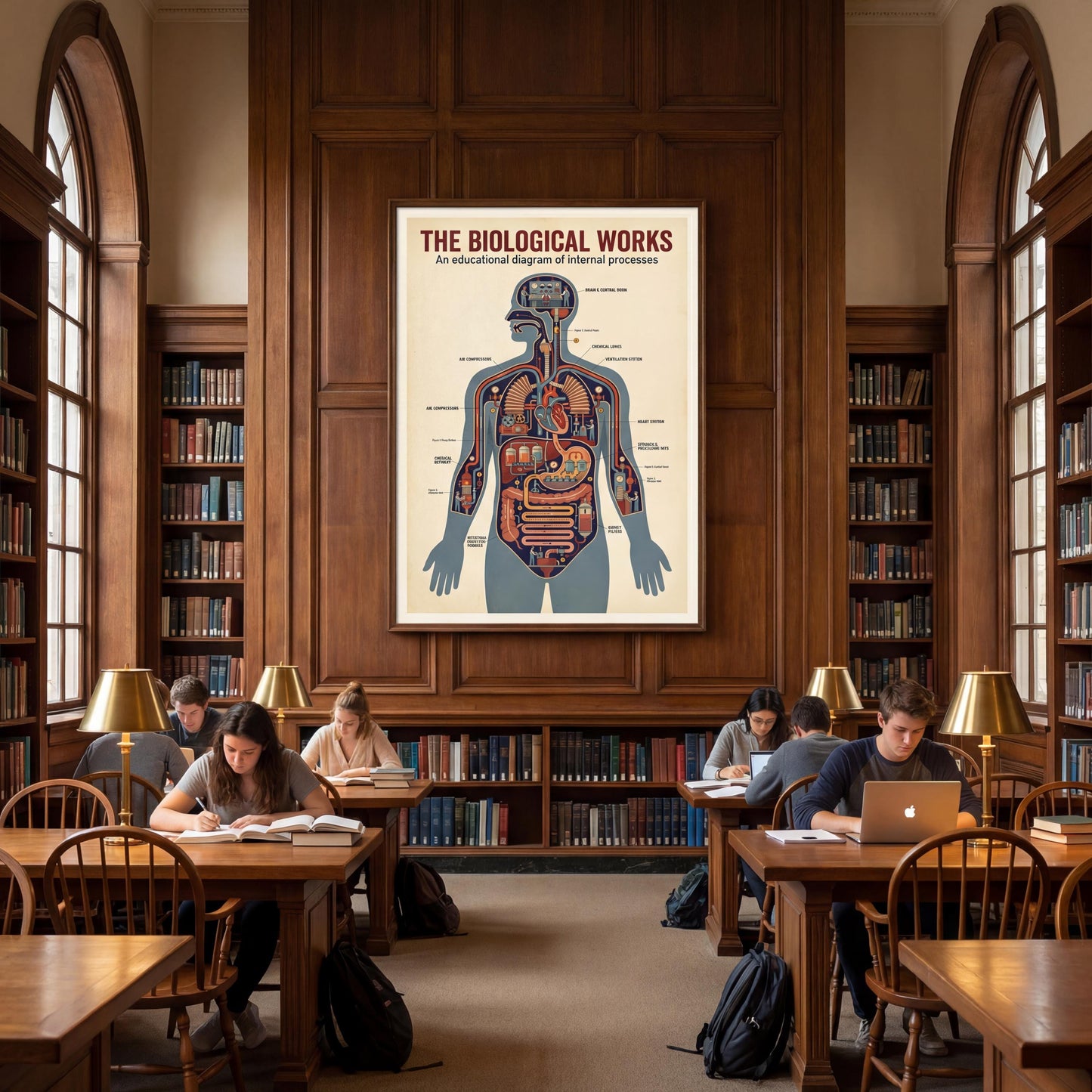 Printable vintage anatomy chart illustrating the human body as an industrial process diagram, blending art and science for use in biology classrooms, laboratories, and curious home study spaces.