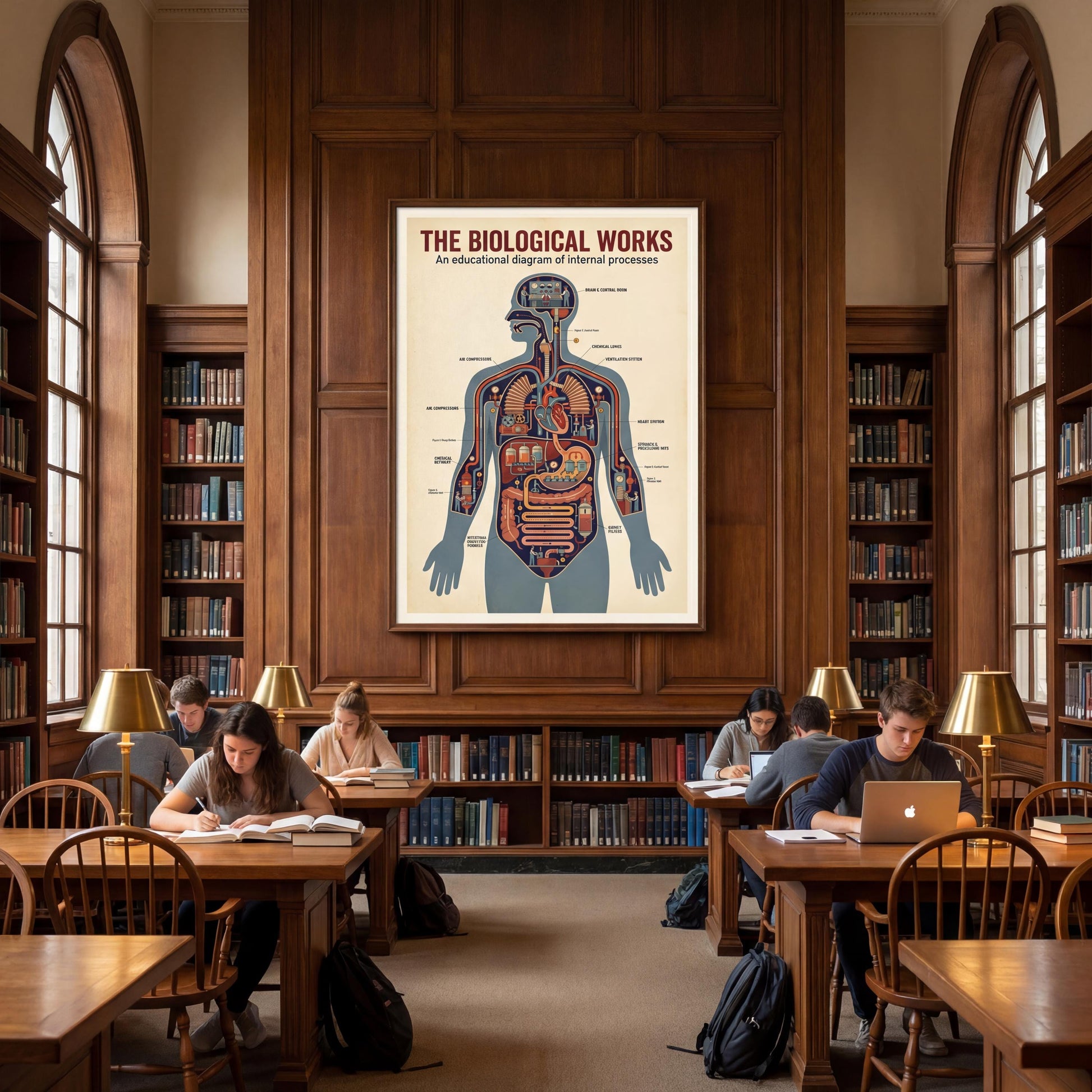Printable vintage anatomy chart illustrating the human body as an industrial process diagram, blending art and science for use in biology classrooms, laboratories, and curious home study spaces.