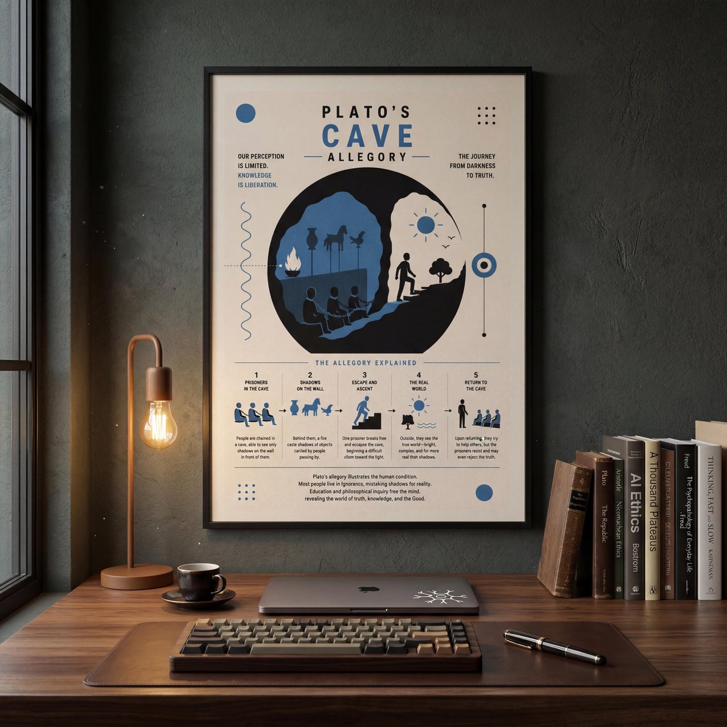 a poster of "Plato's Cave Allegory" hanging on a wall above a wooden desk with a laptop, keyboard, and books.