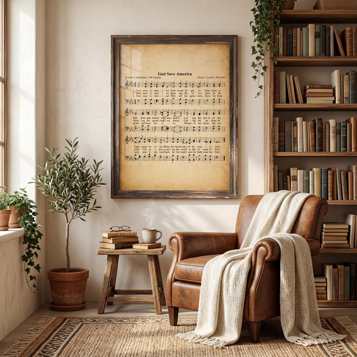 A cozy living room with a leather armchair, a wooden side table, and a bookshelf filled with books. A framed sheet music print of "Good News America" is displayed on the wall above the armchair.