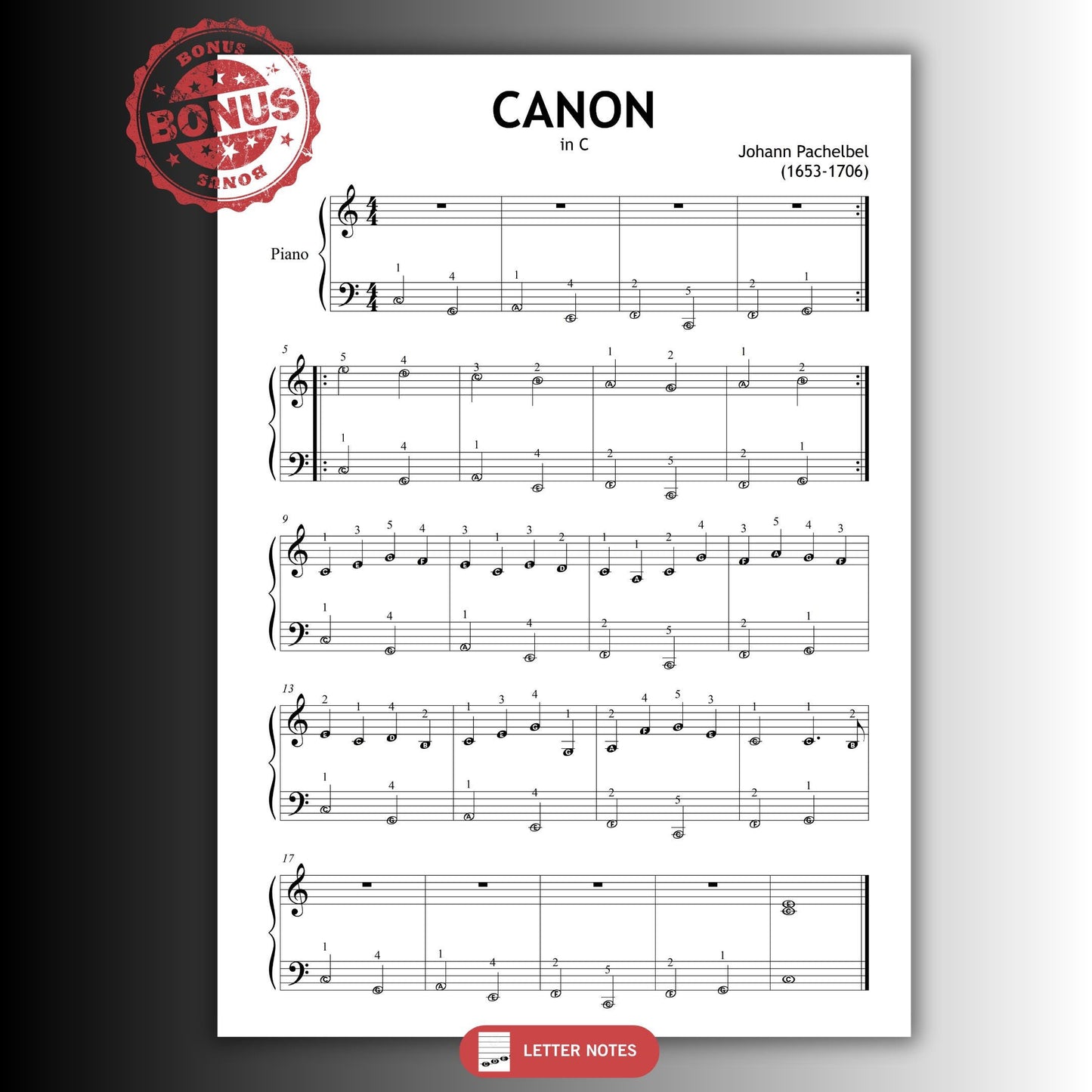 Canon in D simplified piano, violin, and flute trio arrangement by Pachelbel, printable digital PDF showing ensemble parts, perfect for family performances or music group practice.