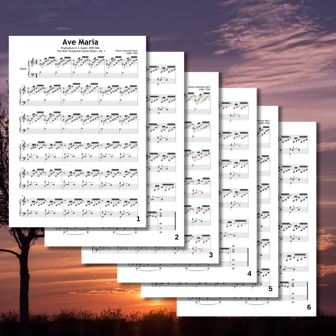 Ave Maria - Bach Prelude in C Major BWV 846 | Easy Piano Sheet Music PDF + Color Notes, Finger Numbers, MP3 & Video
