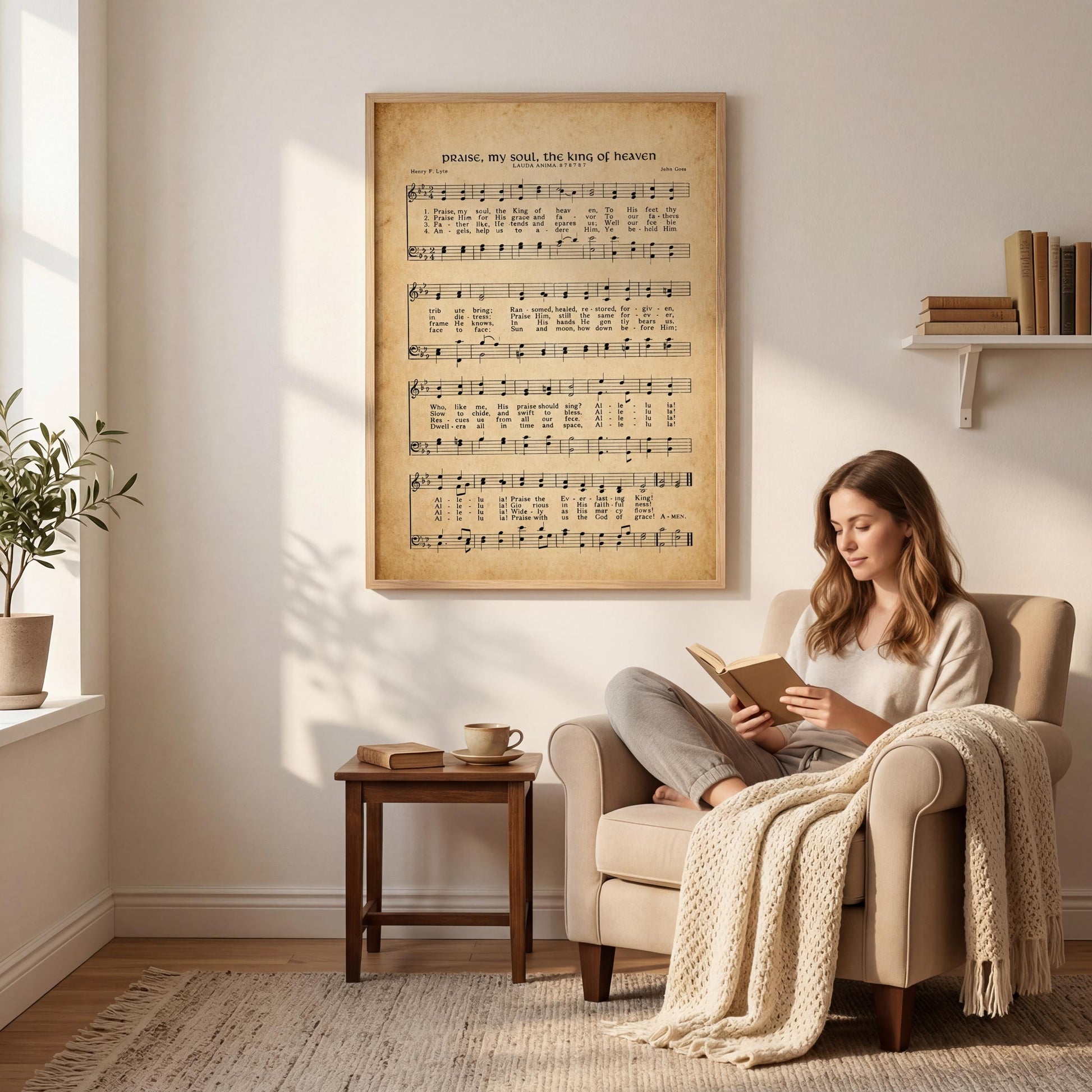 A woman is sitting in a chair, reading a book in a cozy living room with a framed sheet music poster on the wall behind her.