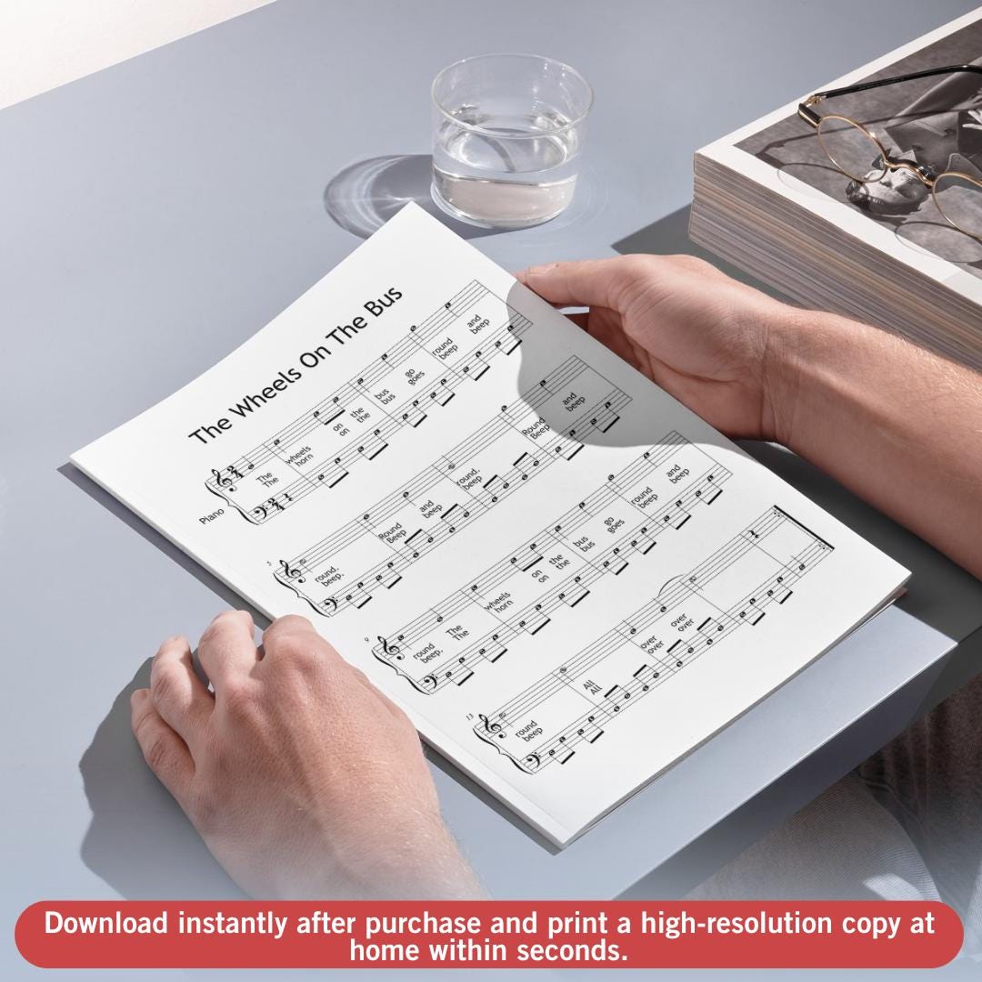 The Wheels On The Bus downloadable and simplified piano sheet music PDF for Grade 1 children, beginner-friendly one-page score with letter names and color-coded notes, bonus MP3 play-along audio and tutorial video, printable in A4 size and usable on tablets, perfect resource for classroom teaching or home learning.