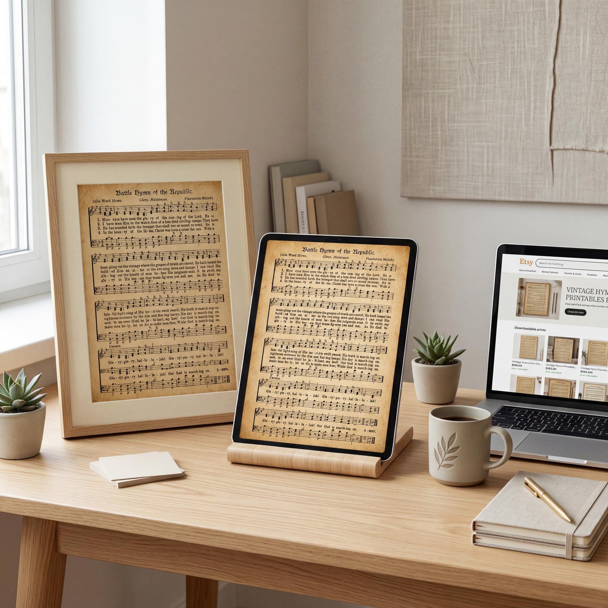 a wooden desk with various items on it, including a framed sheet music print, a laptop, a coffee mug, and some books.