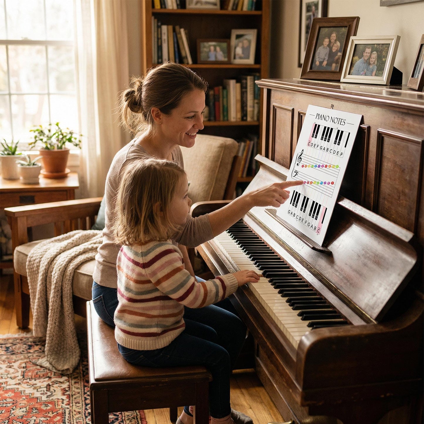 Music theory piano notes chart printable designed for beginners, showing notes on the staff, corresponding piano keys, and helpful memory aids for faster note recognition.