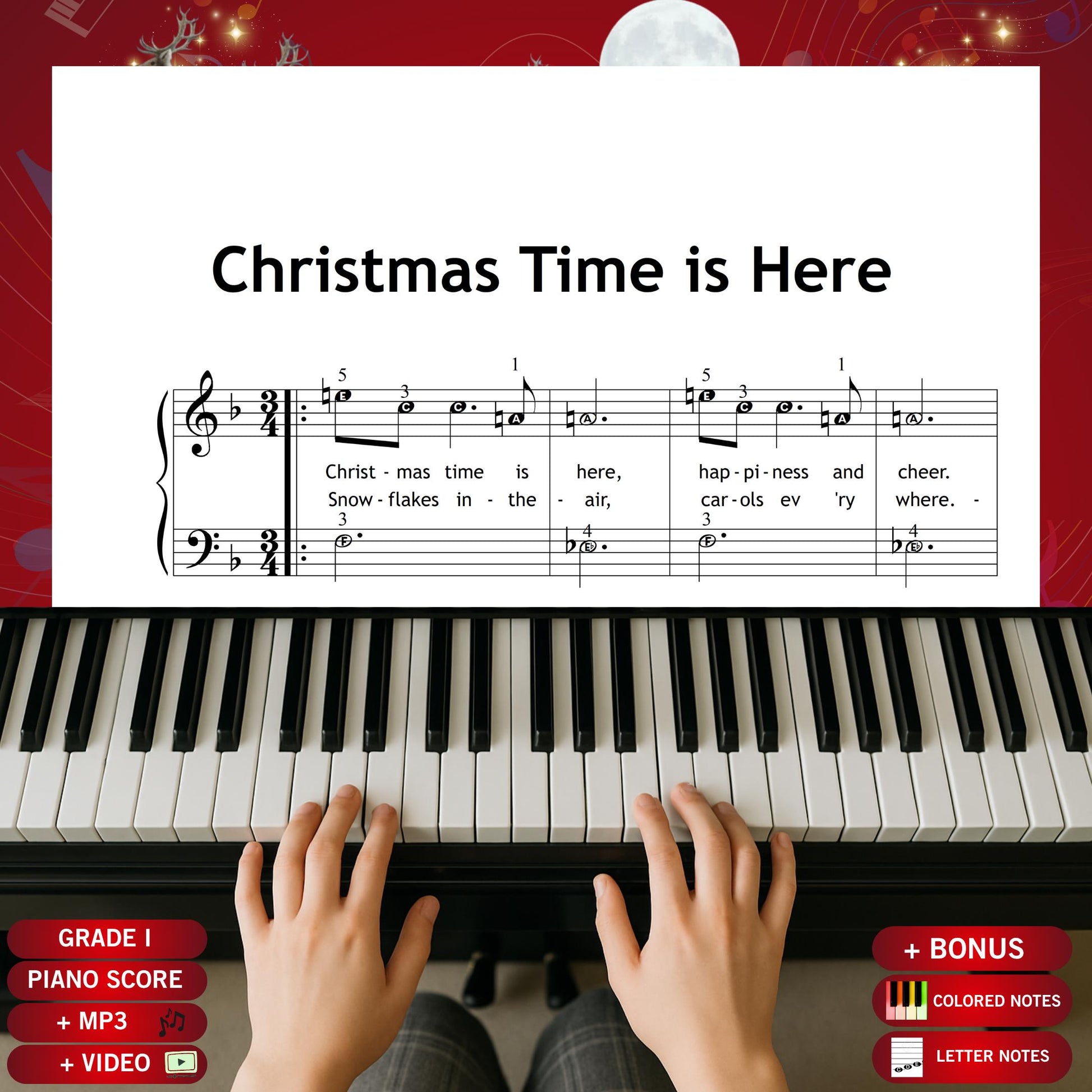 Christmas Time Is Here by Vince Guaraldi downloadable and simplified piano sheet music PDF brings Christmas gifts 2025 to life with personalised, eco-friendly and last-minute digital Christmas printables, offering Grade 1 lyrics, finger numbers, note names and color-coded notes for warm festive learning and instant musical joy.