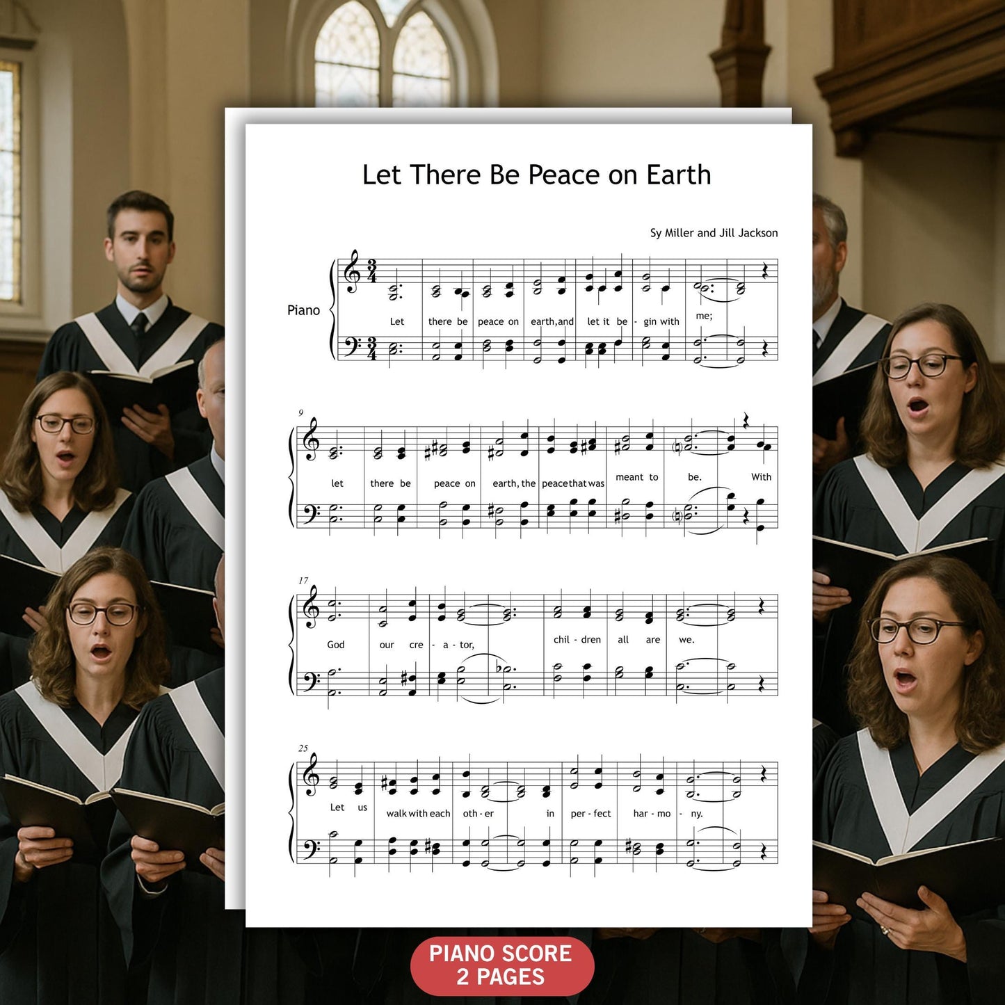Downloadable sheet music PDF for Let There Be Peace on Earth arranged for piano and choir.
Includes full SATB choral harmonies, piano accompaniment, and guided video tutorial for rehearsals.
