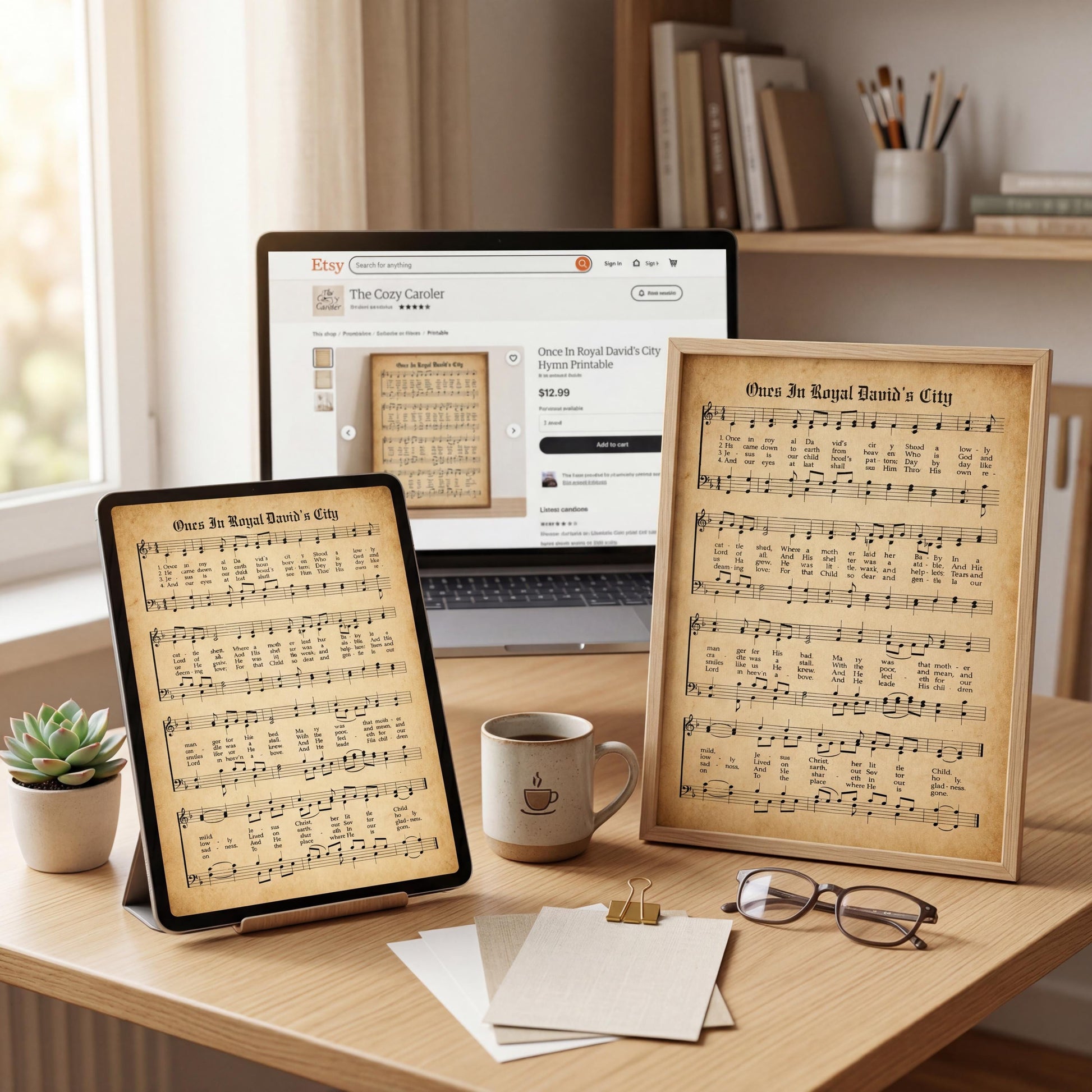 a wooden desk with a laptop, a framed sheet of music, a coffee cup, a pair of glasses, and a potted plant.