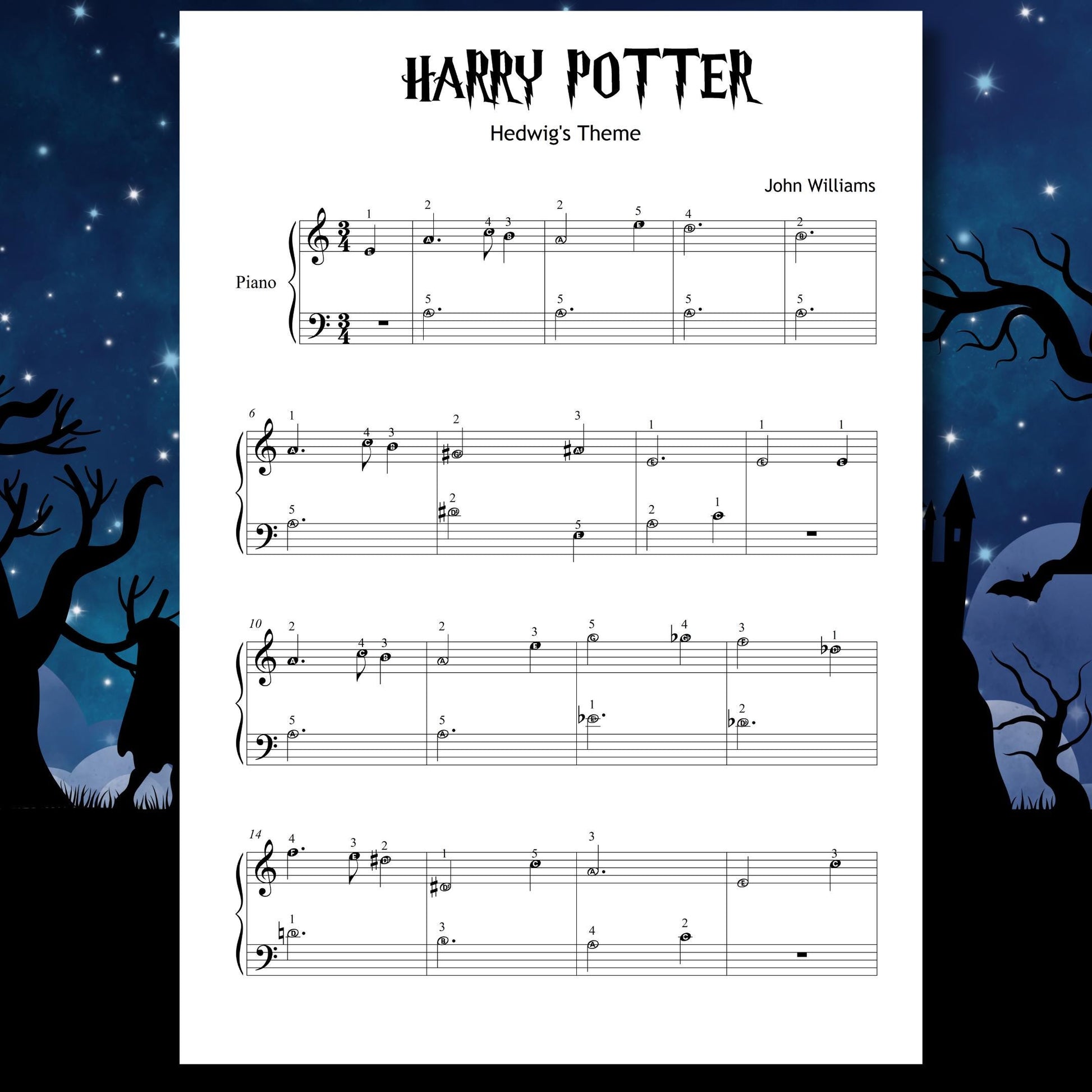 Beginner Halloween Piano Bundle Grade 1–2 simplified PDF and PNG files with note names and color notes, includes 11 spooky pieces: Casper, Addams Family Theme, Ghostbusters, Thriller, Jaws Theme, Funeral March, Funeral March of a Marionette, Danse Macabre, In the Hall of the Mountain King, The Phantom of the Opera, and Harry Potter Hedwig’s Theme, plus MP3 and MP4.