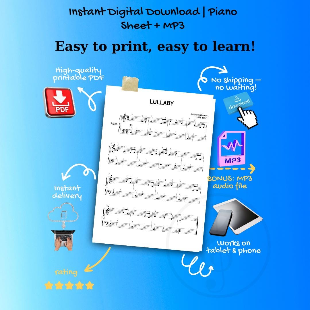 Brahms Lullaby (Wiegenlied) by Johannes Brahms simplified beginner piano sheet music PDF, Grade 1 digital download with finger numbers, note names, color-coded notes, MP3, and video, designed for young learners and teachers.