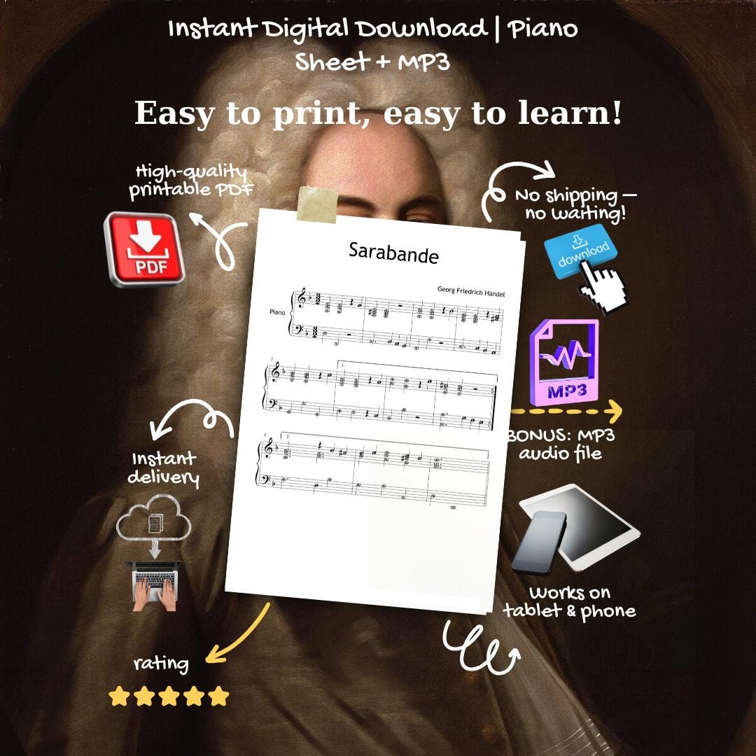 Sarabande by Handel - Simplified Piano Sheet with Colored Notes & Video Lesson