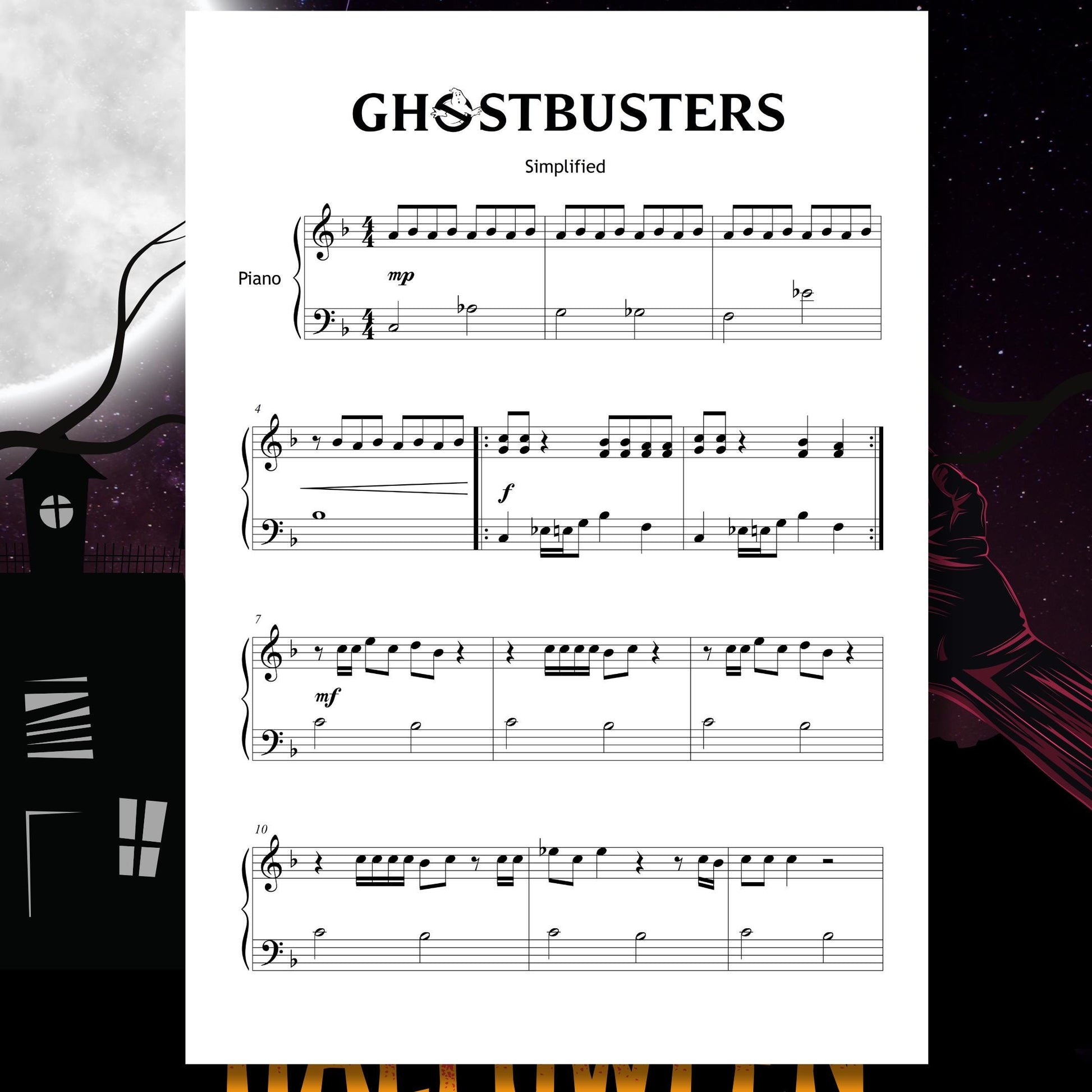 Spooky Halloween Piano Bundle Grade 1–2 simplified sheet music PDF, featuring beginner arrangements of Casper, Addams Family Theme, Ghostbusters, Thriller, Jaws Theme, Chopin Funeral March, Gounod Funeral March of a Marionette, Danse Macabre, Grieg In the Hall of the Mountain King, The Phantom of the Opera, and Harry Potter Hedwig’s Theme, with audio and video support.
