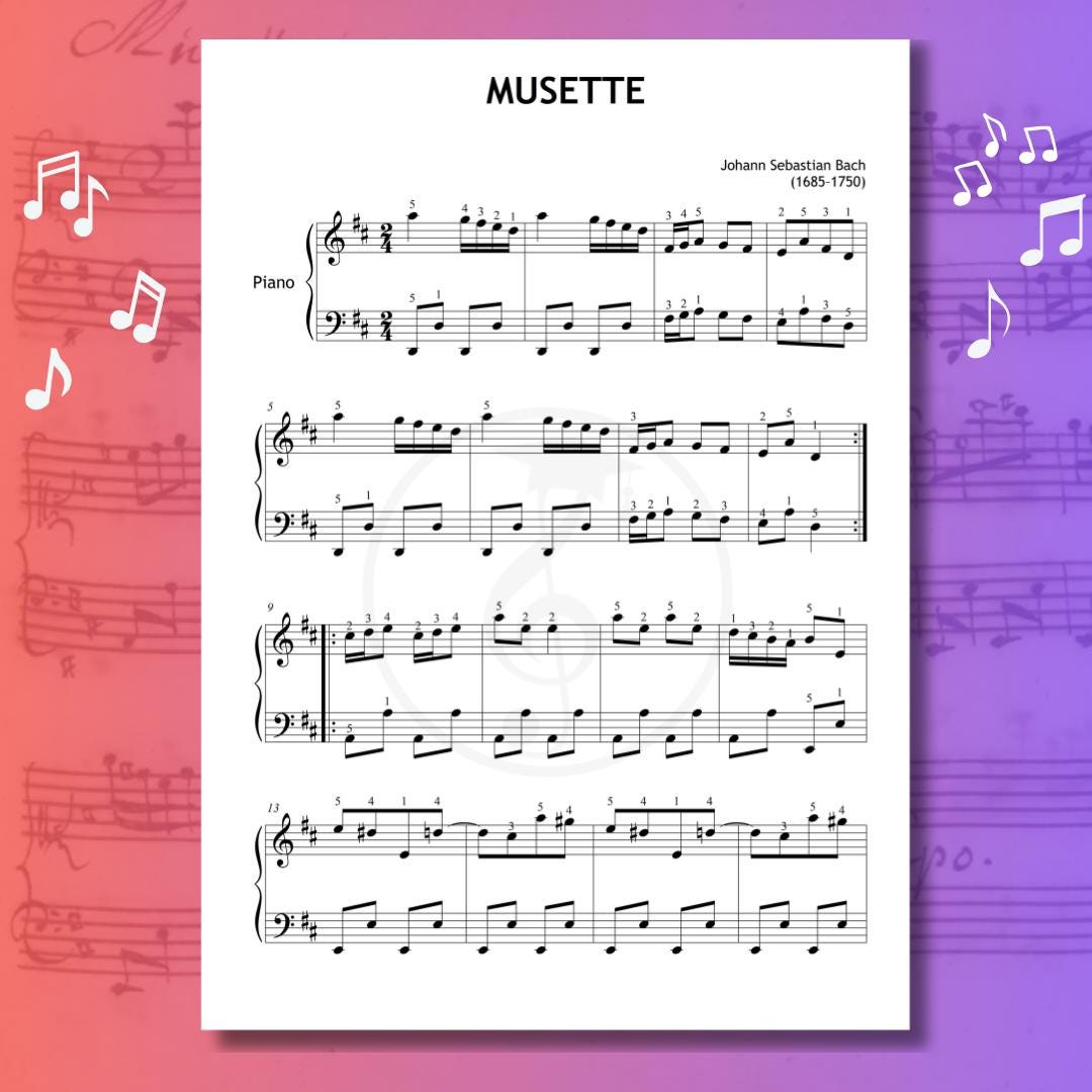 Bach’s Musette - Beginner Piano Sheet Music for Kids & Adults | Grade 2 PDF + Color Notes, Note Names, Tutorial Video, MP3, Manuscript
