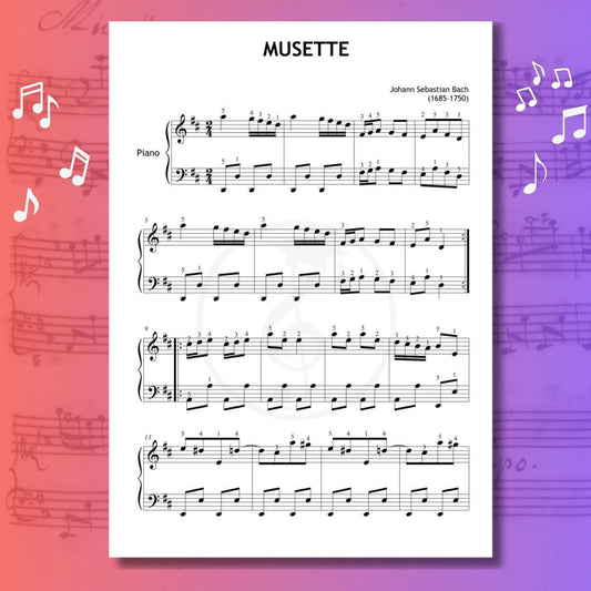 Bach’s Musette - Beginner Piano Sheet Music for Kids & Adults | Grade 2 PDF + Color Notes, Note Names, Tutorial Video, MP3, Manuscript