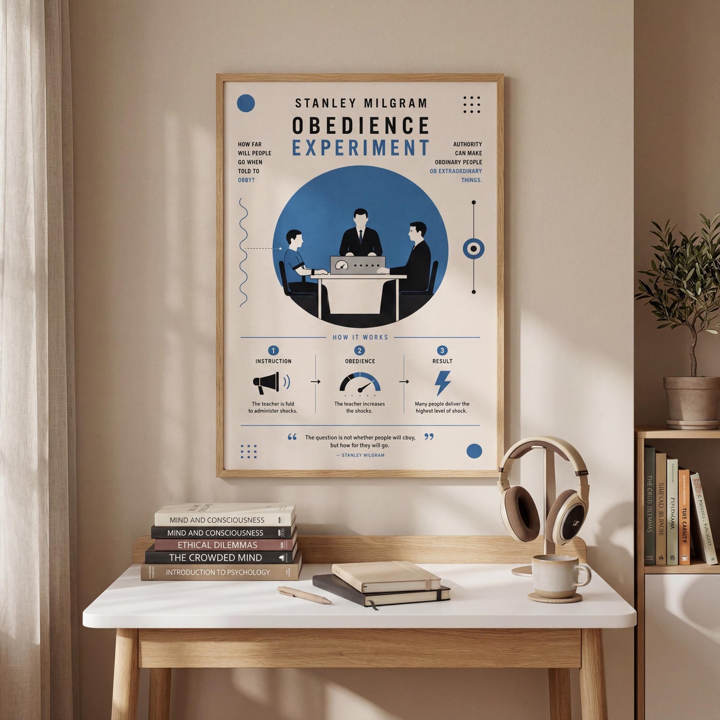 The image is a poster on a wall, depicting a group of people sitting around a table with a laptop, and it is framed by a wooden border. The poster is titled "Stanley Milgram Obedience Experiment" and includes text and illustrations related to the experiment.